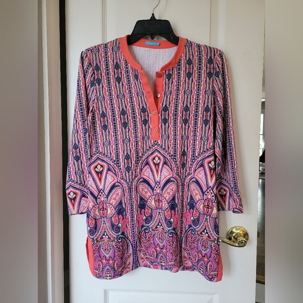 J. McLaughlin Catalina Cloth Boca Tunic Top Mayan Paisley Size Small Blue White